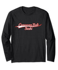 Black Vintage Sushi Inspired Long Sleeve Tee with 'Conveyor Belt Sushi' text, Retro Varsity Throwback Style Shirt for Foodies and Friends