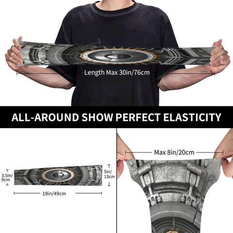 Cyborg Arm Sleeves For Men And Women Cool Stretchy Compression Sleeve For Cycling Golf Running And Fishing Lightweight Sun Protection Gear That Snugs Up Tight For Weekend Warrior Rides And Chill Days showing elasticity and dimensions.