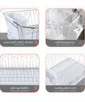 Features of 3 Piece Dish Rack Set with Cutlery Basket and Drainboard Tray Self Draining Open Wire Countertop Drying Rack in Chrome White