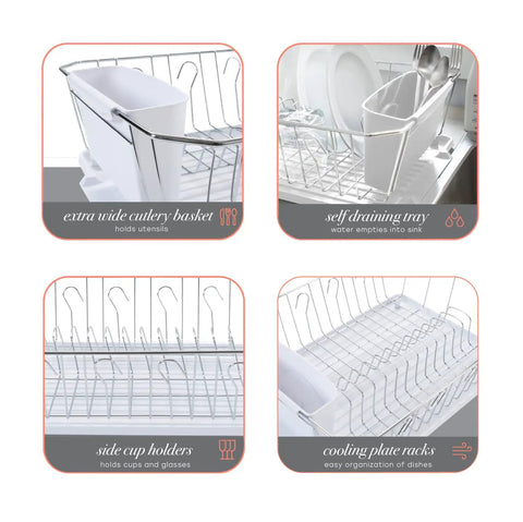 Features of 3 Piece Dish Rack Set with Cutlery Basket and Drainboard Tray Self Draining Open Wire Countertop Drying Rack in Chrome White
