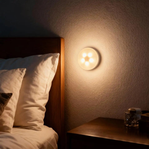 4 Pack Rechargeable Puck Lights With Remote And Touch Control illuminating a bedroom wall, highlighting ambient light setting.
