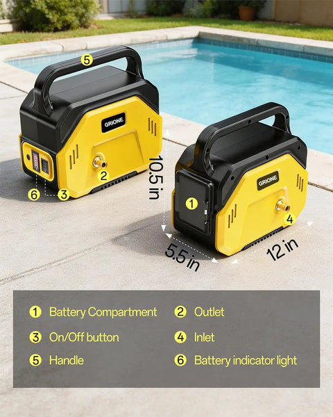 Heavy Duty Cordless Water Transfer Pump Delivers High Flow Rate And Smooth Operation On Standard Twenty Volt Batteries Tool Only Design with dimensions shown