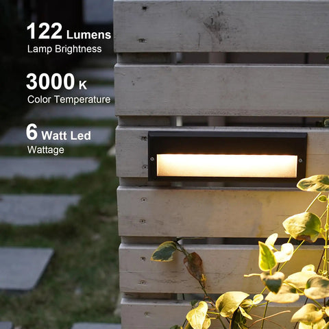 Low Voltage Outdoor Step Lights Kit 12V AC Landscape Stair Lighting displayed on a wooden fence illuminating garden path