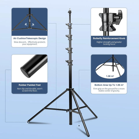 Heavy Duty 15.7ft Air Cushioned Light Stand Tripod With Aluminum Alloy Tubing, 9.46lb Load, design features and details.