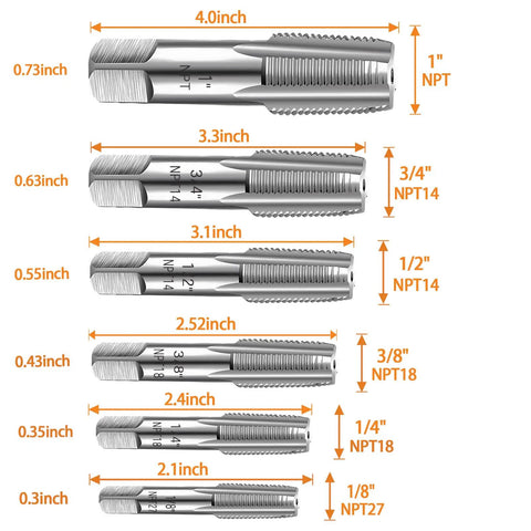 Six Piece NPT Pipe Tap Set In Carbon Steel For Clean Accurate Threads With Taps In 1 Inch To 1/8 Inch Sizes