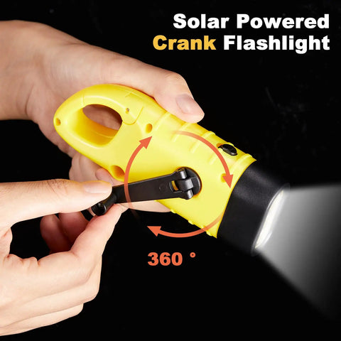 Close-up of yellow hand cranking Four Pack Hand Crank Solar Powered Flashlights With Rechargeable LED Lighting Emergency Torches