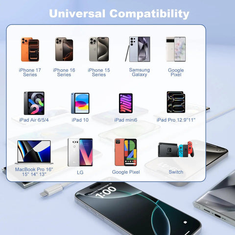 Infographic showing universal compatibility for Two Pack 3 Foot USB A To USB C Cable For iPhone 17 Pro Max Air 16 15 Pro Max Plus 16e iPad Pro Air And Android Charger Cord USB C Fast Charging Up To 20W And USB 2 0 3 0 Data Transfer.