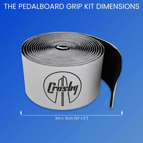 Grip Kit For Pedalboards With 10 Feet Of Heavy Duty Hook And Loop Tape showing rolled tape and dimensions in blue background