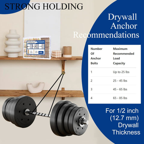 Self-Drilling Drywall Anchors With Screws Kit, 100 Pcs Heavy-Duty Zinc Plated Steel Anchors holding weights on shelves