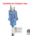 Heavy Duty Extension Cord 100 Ft Blue Orange SJEOW 14/3 With Lighted Locking Plug, flame retardant TPE, certified for outdoor use
