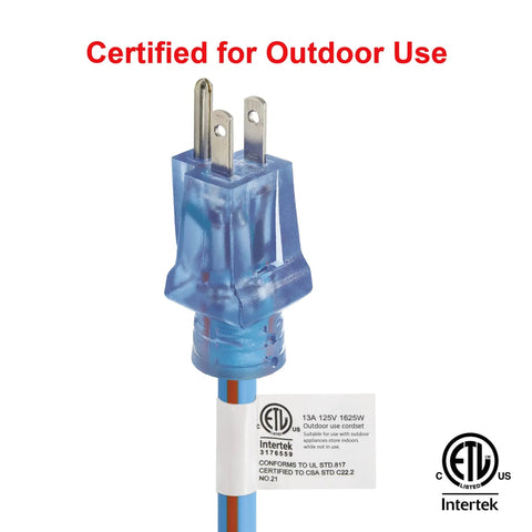 Heavy Duty Extension Cord 100 Ft Blue Orange SJEOW 14/3 With Lighted Locking Plug, flame retardant TPE, certified for outdoor use