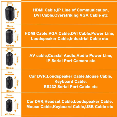 No Nonsense Clip On Ferrite Ring Core EMI RFI Noise Suppressors For Cables 3mm To 13mm Diameters Easy Install Black Magnetic