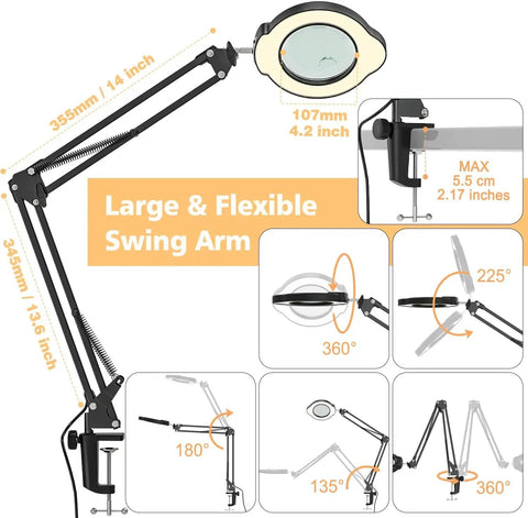 Hands Free Desk Magnifier With Light 15X And 10X Zoom, 84 LED Real Glass Lens, clamp mount and flexible swing arm illustration