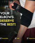41 Inch Elbow Wraps For Weightlifting For Lifters Pair With Stretchable Breathable Compression Strap shown on arm during lifting
