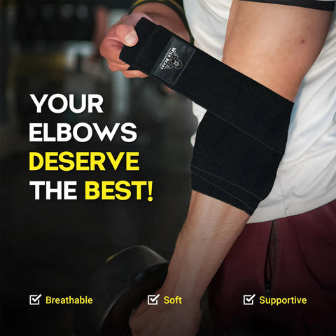 41 Inch Elbow Wraps For Weightlifting For Lifters Pair With Stretchable Breathable Compression Strap shown on arm during lifting