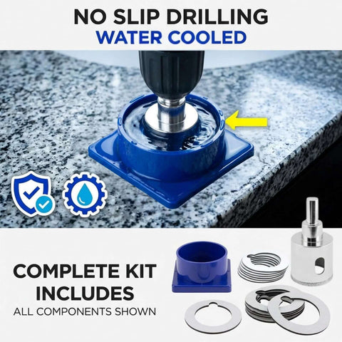 Drilax 1-3/8 inch diamond hole saw kit with water delivery and guide; blue drilling guide and accessories shown.