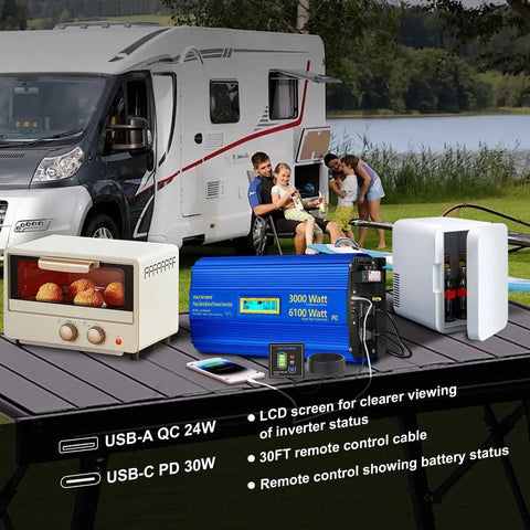 Powerful 3000W Pure Sine Wave Inverter For Off Grid Power 12V To 110V AC With 6100W Surge displayed with RV setup