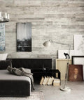 Reclaimed Shiplap Wall Boards Set Of 12 Barnwood Planks For Rustic Decor in modern living room with wall art and lamp.