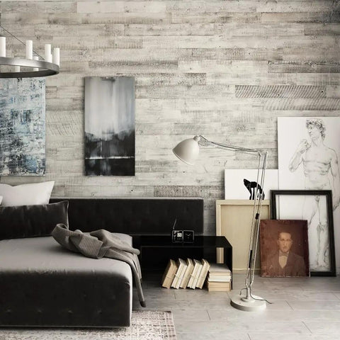 Reclaimed Shiplap Wall Boards Set Of 12 Barnwood Planks For Rustic Decor in modern living room with wall art and lamp.