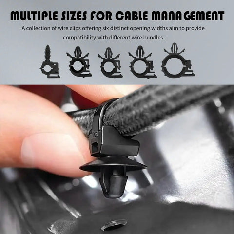 Close-up of Five Size Car Wire Loom Clips Kit With Push In Design in use for cable management in vehicles, 130pcs set.