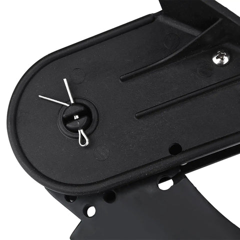 Close-up of rugged black plastic watercraft rudder for canoe and kayak angling boats, showing precise machining detail.