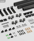 Ceiling Mount Box Rail Barn Door Hardware Kit For Double Doors, aluminum sliding system parts laid out, 330 lbs capacity