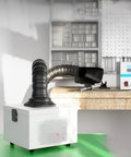 Slick Desktop Fume Extractor For Soldering Smoke Absorber positioned on a workbench with flexible hose for electronics repair.