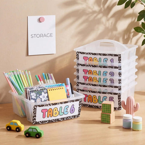 Six Pack Stackable Classroom Caddies With Handles, 3 Compartments, Clear Plastic Storage Bins With 42 Labels on desk