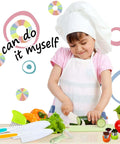 Kids kitchen knife set with cutting board; front view shows child chef slicing cucumber with plastic kid-safe knives