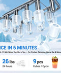Portable Countertop Ice Maker Featuring Modular Swappable Blocks And Instant Six Minute Freeze Cycles Generating Twenty Six Pounds Of Fresh Ice Daily For Zero Hassle Super Chill Vibes with bullet ice in clear molds.