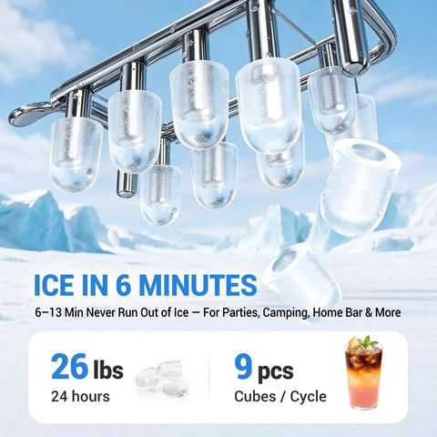 Portable Countertop Ice Maker Featuring Modular Swappable Blocks And Instant Six Minute Freeze Cycles Generating Twenty Six Pounds Of Fresh Ice Daily For Zero Hassle Super Chill Vibes with bullet ice in clear molds.