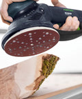 Pro Grade Woodworking Sanding Discs 150mm P120 Grit Pack Of 50 For Paint Prep and Finishing in use on hardwood edge