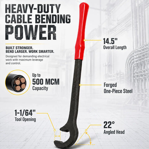 Heavy Duty 14 Inch Wire Bending Tool For Easy Copper & Aluminum Cable Handling, 14.5" forged steel with angled head for 500 MCM wires.