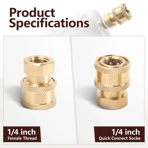 Brass 1/4 in pressure washer fittings shown: left is female thread, right is quick-connect socket