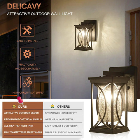 Outdoor Wall Lanterns With Dusk To Dawn Sensor Sleek Black Aluminum Exterior Light Fixture With Crack Like Glass Durable IP65 Waterproof Sconce