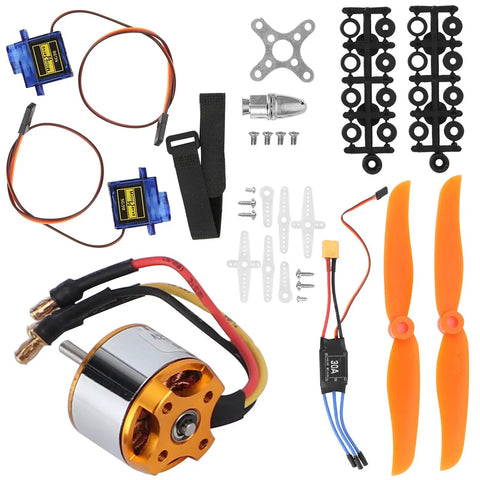Rad RC Fixed Wing Upgrade Pack Featuring 2212 1400KV Brushless Outrunner Motor With 30A Electronic Speed Controller XT60 Port 9G Micro Servo And Matching Propellers includes motor, ESC, servos, and propellers.
