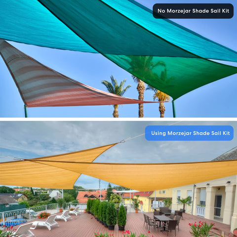 Built Tough All-In-One Sun Shade Sail Hardware Kit With M5 Stainless Steel Hooks And Fasteners in use on patio and garden.