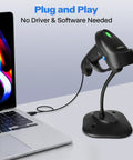 2D Barcode Scanner With Stand And Long USB Cable connected to a laptop for POS and mobile payments