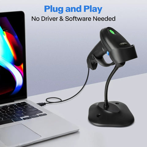 2D Barcode Scanner With Stand And Long USB Cable connected to a laptop for POS and mobile payments