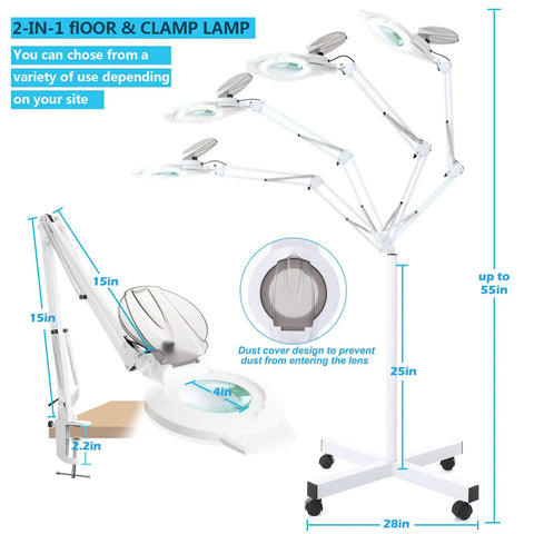 10X Magnifying Floor Lamp with 4-wheel rollable base and adjustable arms, showing flexible positioning and dimensions.