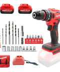 21V Max Cordless Drill Driver Kit With 2 Batteries And Charger, brushless motor, includes bits, LED light, and carry bag