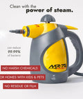 No Sweat Handheld Steam Cleaner Pumping Hot Vapor To Blast Bed Bugs Clean Car Interiors And Scrub Tile Grout Like A Champ With Zero Hassle And Major Guaranteed Results, yellow and gray portable steam cleaner.