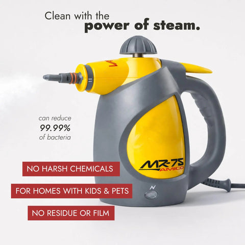 No Sweat Handheld Steam Cleaner Pumping Hot Vapor To Blast Bed Bugs Clean Car Interiors And Scrub Tile Grout Like A Champ With Zero Hassle And Major Guaranteed Results, yellow and gray portable steam cleaner.