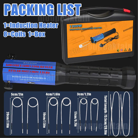 Packing list for Kick Loose Stalled Bolts And Nuts With This 1300W Induction Heater Tool with heater, coils, box.