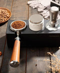 Go To Espresso Tamping Station Stand in black plastic with 51mm, 54mm, and 58mm portafilter, tamper, and distributor displayed.