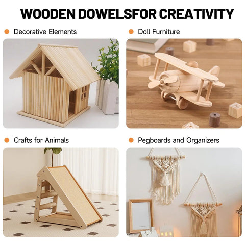 Images showcasing uses of Heavy Duty 20 Pack Wooden Dowel Rods 3/8 X 15 Inch Round Unfinished Hardwood Sticks for crafts.