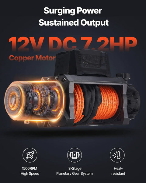 Heavy Duty 13500 Lbs Electric Winch For Off Road Recovery 12V DC Vehicle Winch With 3/8 In X 92 Ft Synthetic Rope Wireless And Wired Remote IP68 Waterproof Tow Jeep SUV Boat, 12V DC 7.2HP motor