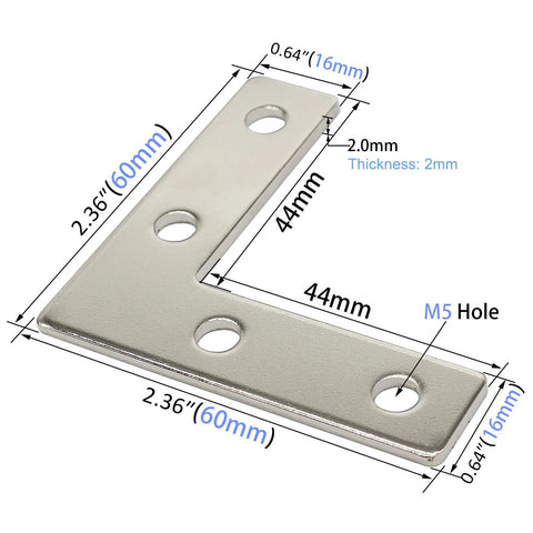 Diagram of stainless steel L-shaped bracket with measurements, featuring M5 holes, part of Ten Sets Of 2020 Stainless Steel T Slot Corner Brackets L Shape Joint Plates With Nuts And Bolts For 20x20 20mm V Slot Aluminum Profile Connector Accessories No Extra Purchases Needed Built To Last And Easy To Install Great For Diy Projects Clamps Frames.