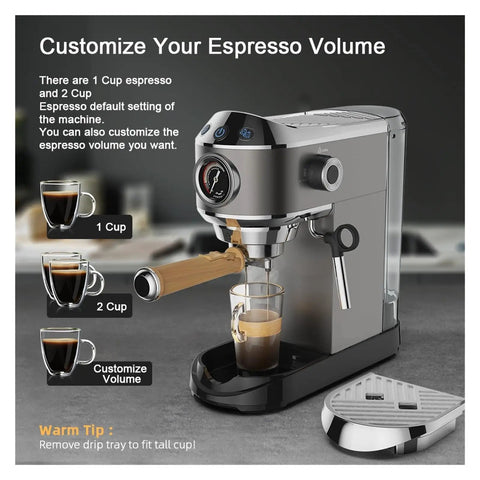 Premium 20 Bar Semi Automatic Coffee Maker With Stainless Steel Frother Wand for customizable espresso volume and cup sizes.