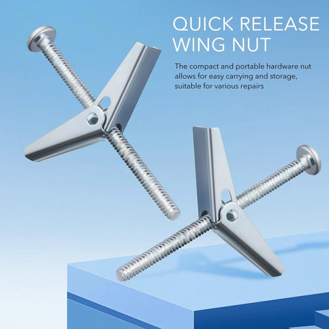 Quick release wing nuts from 20 Piece Wing Nut And Bolt Kit With Toggle Bolts For Drywall And Heavy Duty Fastening.